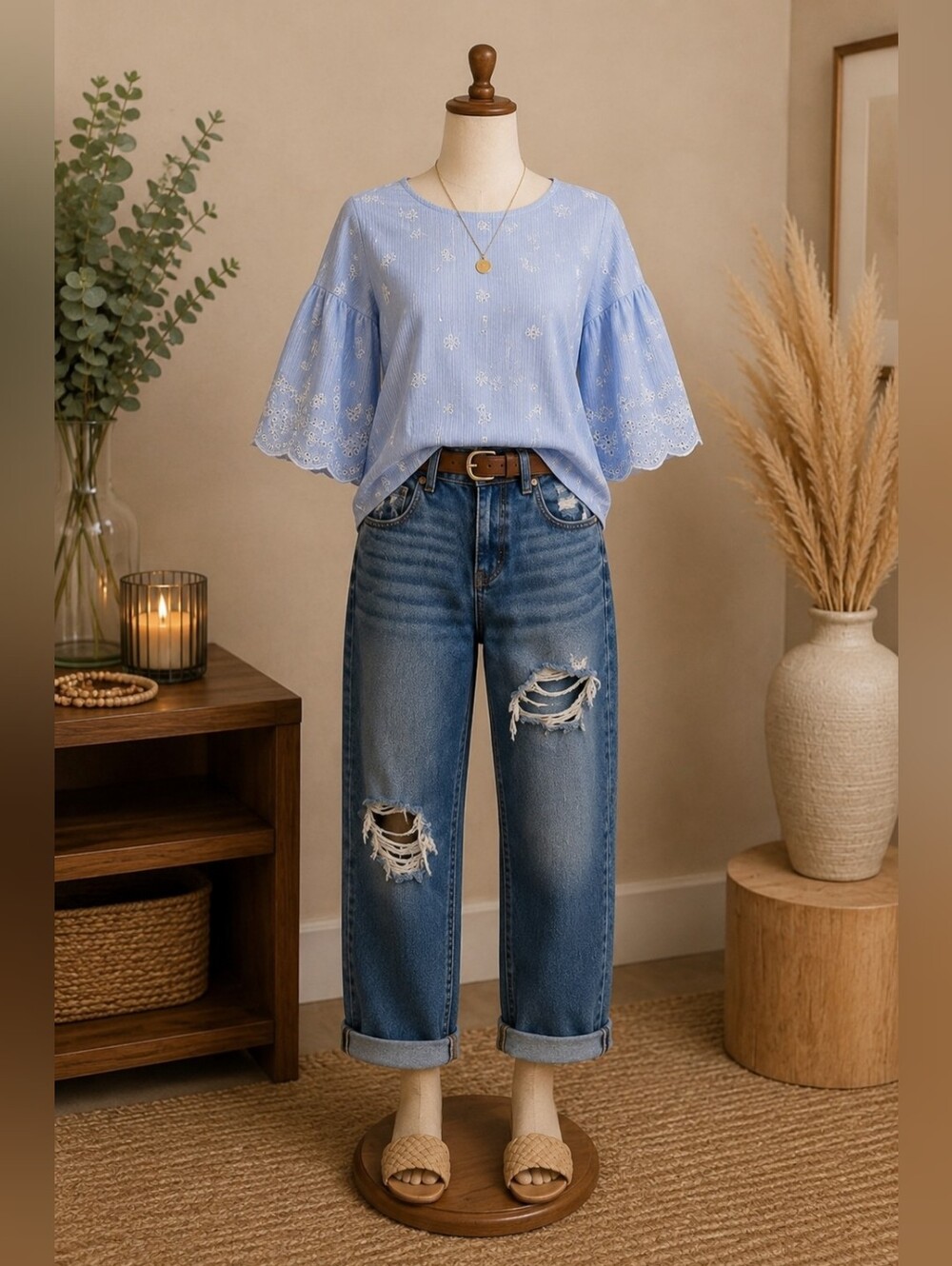 Sanctuary Blue & White Striped Eyelet Embroidered Cotton Blouse Size Small